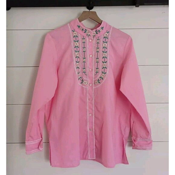Bob Mackie Tops - VTG Bob Mackie Pink Floral Embroidered Top Cottagecore Blouse Art To Wear MED